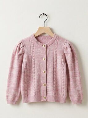 Finding Foxtale Girls Pink Cardigan Puff Sleeve Cable Knit Bow Buttons